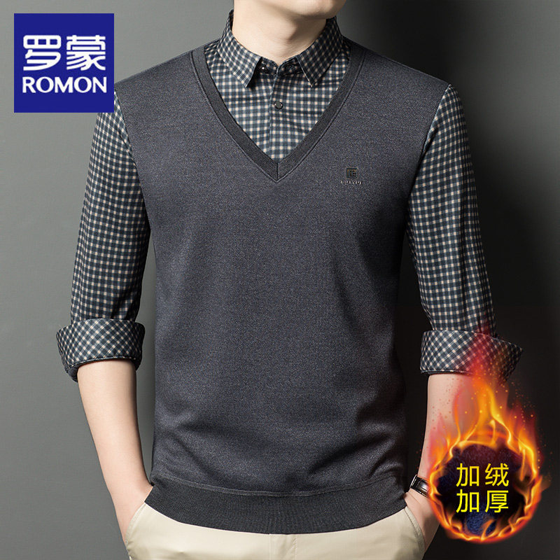 罗蒙加绒保暖假两件毛衣男新款