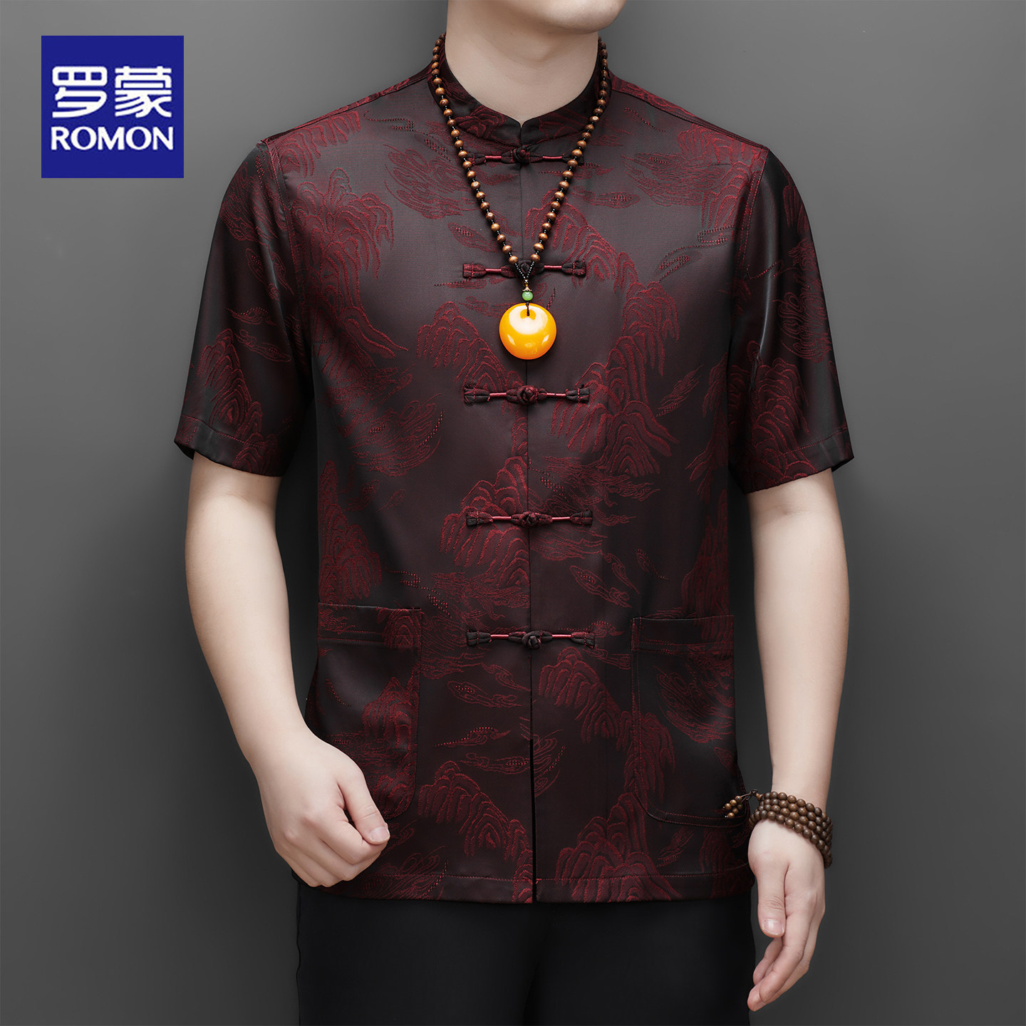 罗蒙短袖衬衫男士舒适无痕免烫抗皱夏季新款冰丝唐装衬衣休闲套装