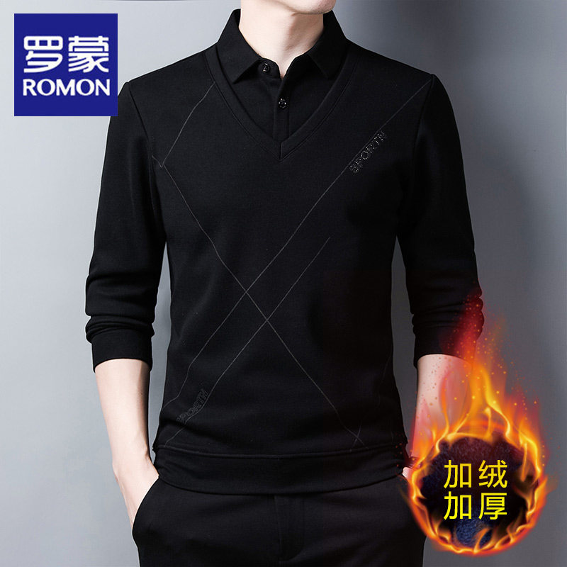 罗蒙加绒保暖假两件POLO衫男2025秋冬季新款商务休闲中年爸爸T恤
