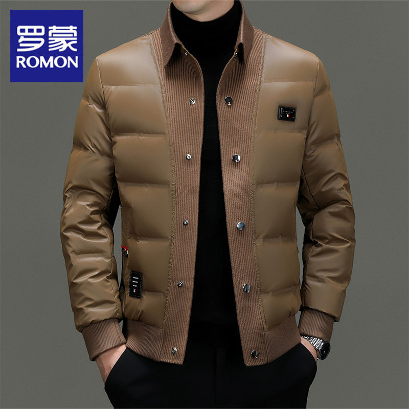 罗蒙白鸭绒针织翻领羽绒服男2025秋冬新款商务休闲纽扣高级感外套