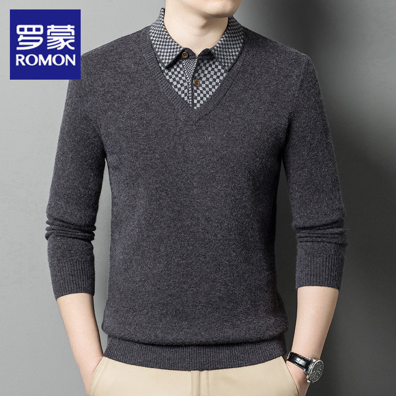罗蒙男士假两件针织衫2024秋冬季新款商务休闲翻领小格子打底毛衣