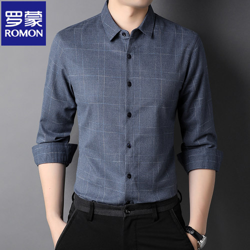 罗蒙格子长袖衬衫男士新款爸爸装