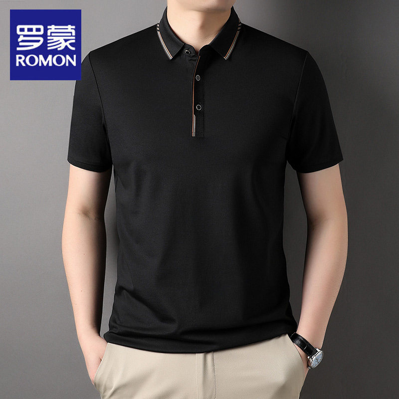 罗蒙线条翻领短袖T恤男2025春夏季新款舒适透气棉POLO衫薄款爸爸
