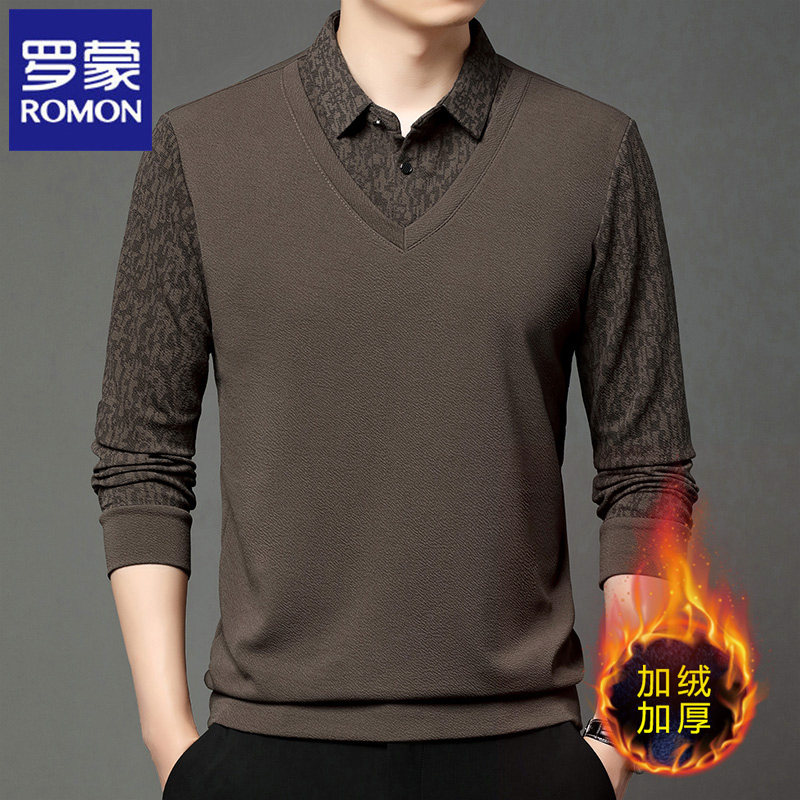 罗蒙加绒加厚POLO衫男长袖商务休闲2025新款秋冬季中年爸爸T恤衫