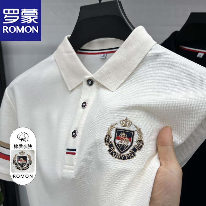 罗蒙2025夏季新款刺绣棉质翻领短袖t恤男士高端中年休闲polo衫男
