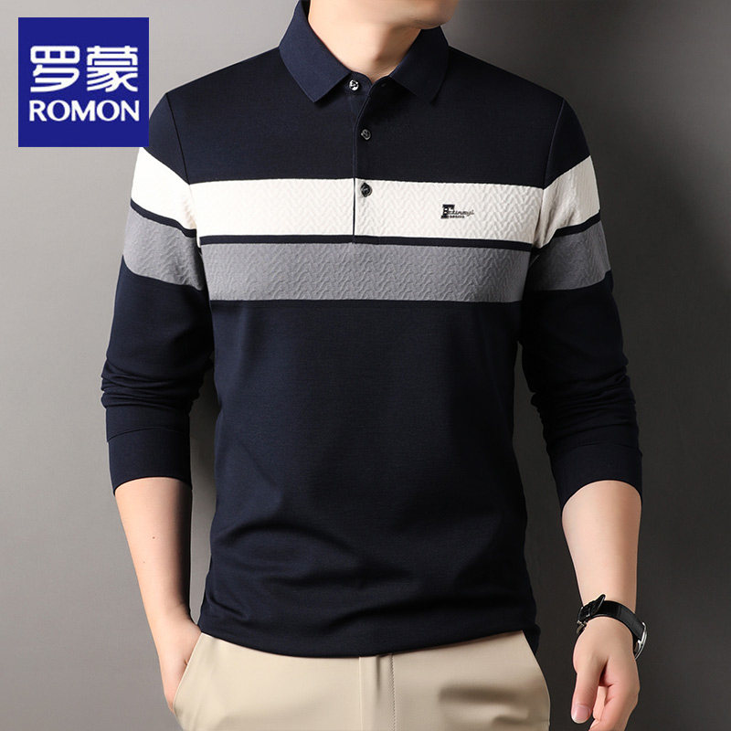罗蒙翻领长袖t恤男士POLO衫春秋新款商务休闲中年爸爸装条纹上衣
