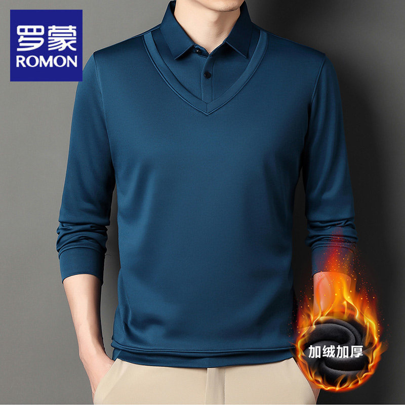 罗蒙加绒加厚假两件POLO衫男2025冬季新款商务休闲高档T恤打底衫