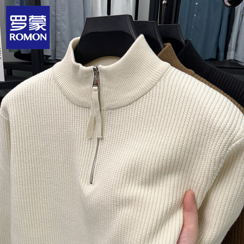 罗蒙半高拉链针织衫男2024秋冬季新款商务休闲高级感百搭毛衣潮流