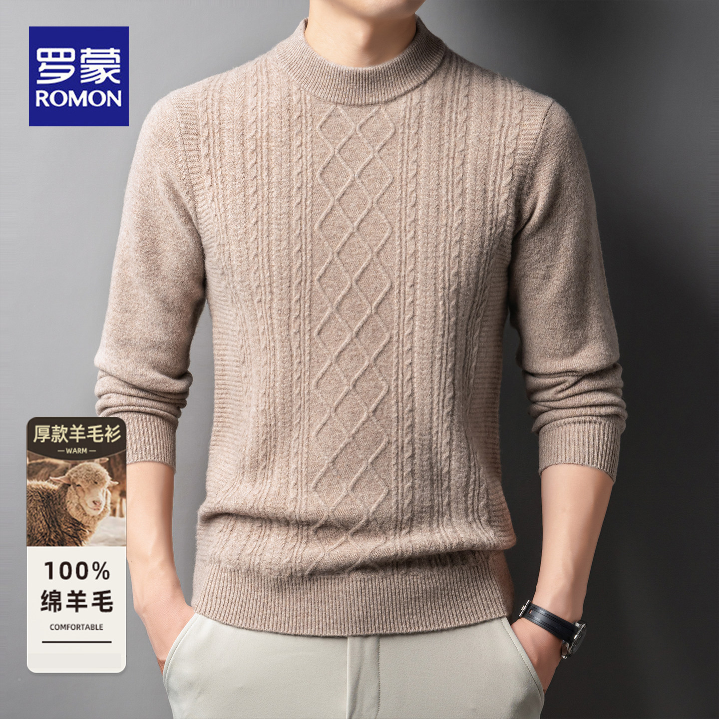 罗蒙冬季100%绵羊毛保暖毛衣男士