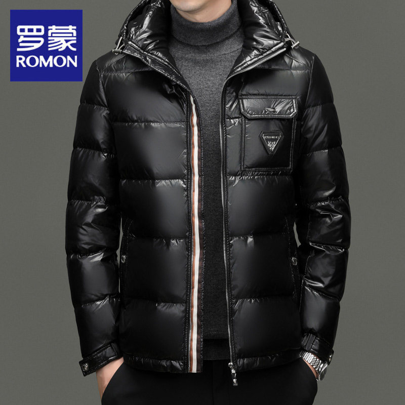 罗蒙亮面连帽羽绒服男冬季新款商务休闲加厚保暖时尚舒适鸭绒棉服