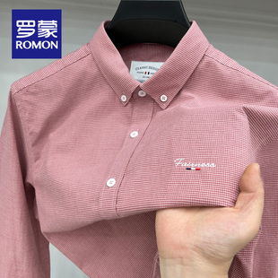 罗蒙小格子长袖衬衫男士春秋季新款刺绣上衣商务休闲中年男衬衣男