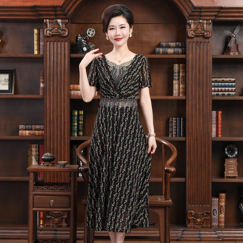 碧阳夏季新品女装妈妈连衣裙高贵名媛聚会阔太太a字裙优雅v领长裙