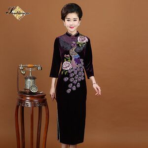 旗袍裙妈妈装婚礼服婚宴高档金丝绒旗袍碧阳2017春秋长款大码旗袍