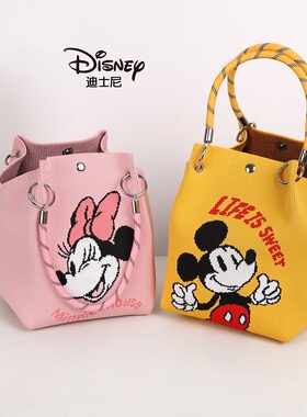 Disney迪士尼米奇米妮卡通针织水桶包女可爱大容量手提包托特包包