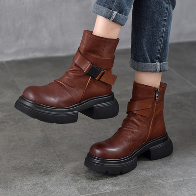 高级感里外全皮厚底复古短靴子女