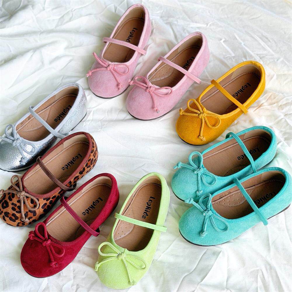 女童软底公主鞋2026春季彩色蝴蝶结绒面豹纹甜美一脚蹬芭蕾舞鞋