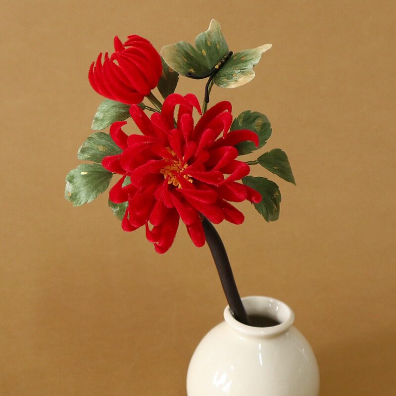 红色立体手工非遗绒花盘发簪子菊花发簪发挽发头饰发钗喜庆头饰