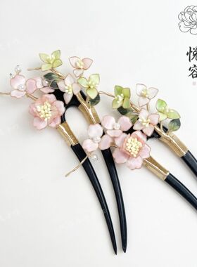 非遗绒花U形簪精致温柔灵动掐丝手作旗袍搭配簪子日常出游头饰女