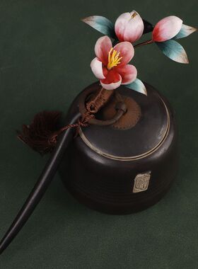 非遗蚕丝绒花檀木发簪夏季清冷感设计木质盘发头饰旗袍汉服发饰品