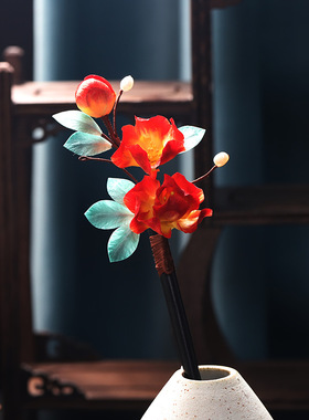【暖阳】现货新款手工非遗绒花发饰橙黄渐变檀木发簪古风汉服头饰