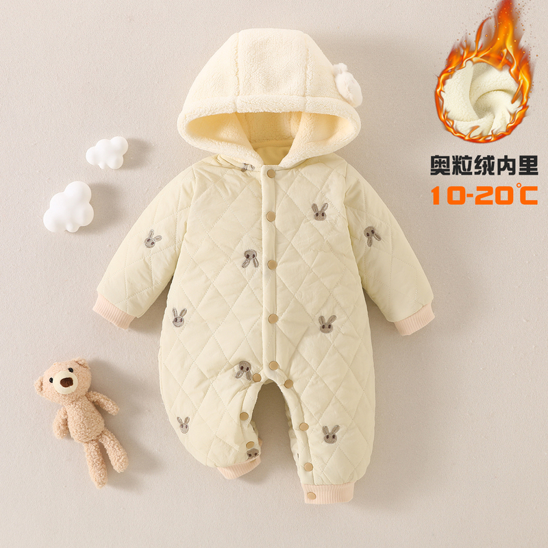 婴儿冬装连体衣加绒新生儿外出衣服双层保暖哈衣连帽宝宝棉衣防风