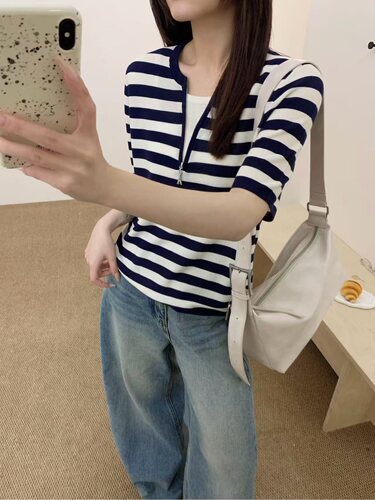 休闲通勤半拉链v领套头假两件针织衫女夏季新款宽松条纹拼色短袖