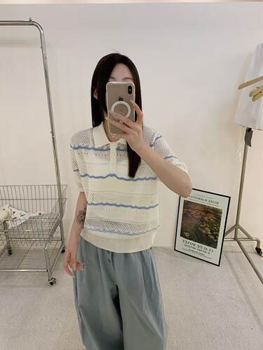 正品撞色polo领镂空针织衫女26夏季新款法式复古百搭条纹上衣