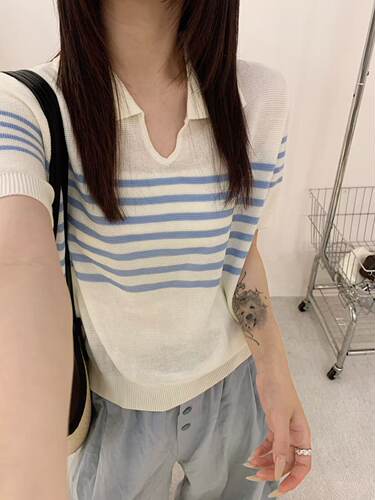 韩系复古条纹剪刀polo领针织短袖夏季宽松百搭薄款套头上衣