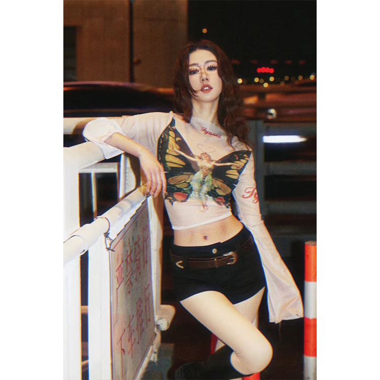 原创设计感小众性感网纱衬衫女纯欲辣妹绑带废土风上衣