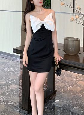 欧美复古蝴蝶结黑色礼服女轻奢小众高端级气质名媛晚宴年会连衣裙