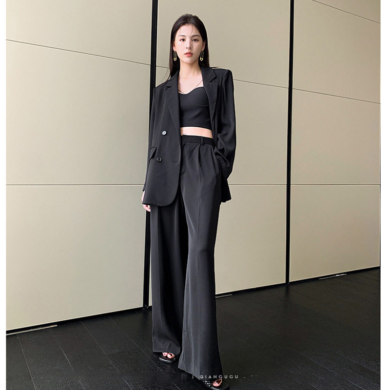 欧美秋冬复古休闲炸街chic西装气质名媛小众设计高级感长裤外套女