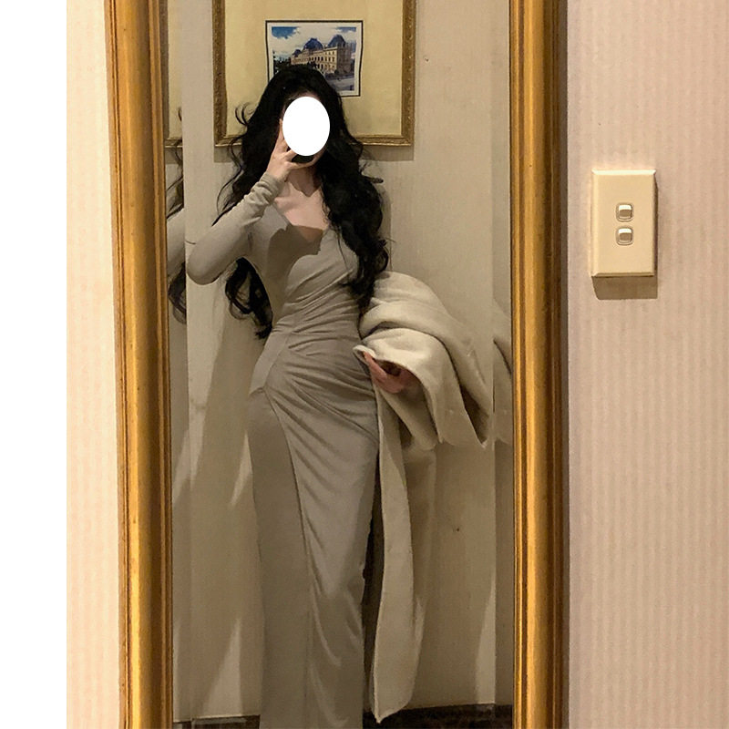 欧美性感V领礼服轻奢小众高端级名媛气质收腰显瘦包臀开叉连衣裙