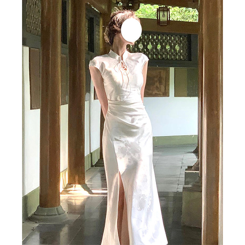 法式性感V领白色礼服轻奢小众高端级名媛气质收腰开叉旗袍连衣裙