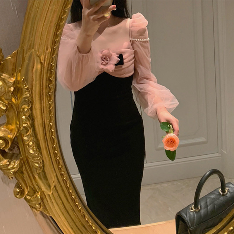 欧美复古方领丝绒礼服轻奢小众高端级名媛气质收腰显瘦包臀连衣裙