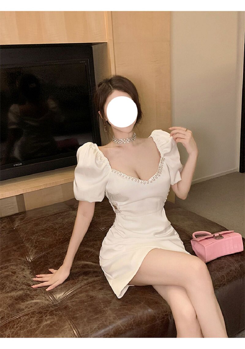 法式性感V领白色礼服轻奢小众高端级名媛气质收腰包臀生日连衣裙