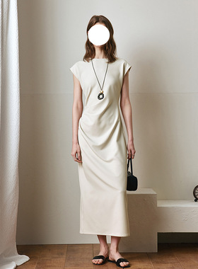 欧美圆领无袖宽肩简约礼服轻奢高端小众级设计感压褶皱开叉连衣裙