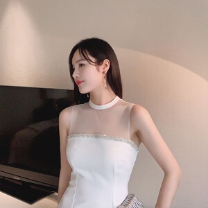 法式圆领网纱白色礼服女轻奢小众高端级感名媛气质收腰包臀连衣裙