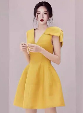 新款欧美赫本风气质V领蝴蝶结优雅名媛蓬蓬裙宴会生日礼服洋装女