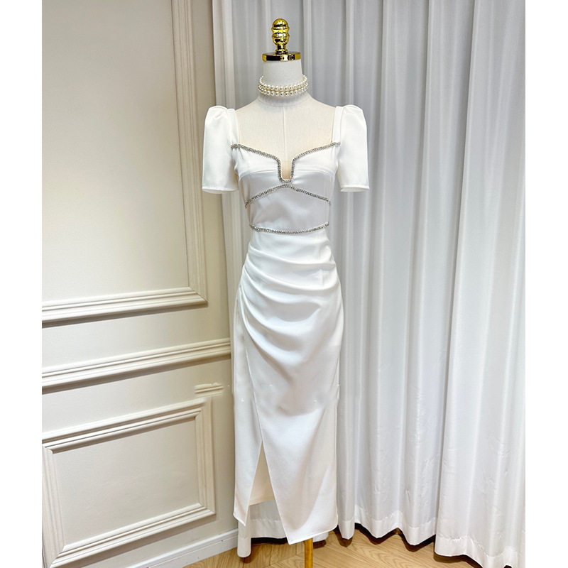 欧美性感V领水钻礼服轻奢小众高端级气质名媛收腰显瘦开叉连衣裙