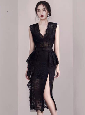 黑色礼女轻奢小众高端级气质晚宴年会欧美性感V领蕾丝开叉连衣裙