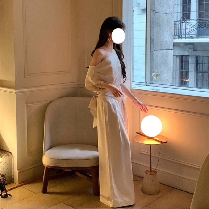 性感单肩斜领露背上衣松弛感穿搭阔腿长裤轻奢高端小众级两件套女