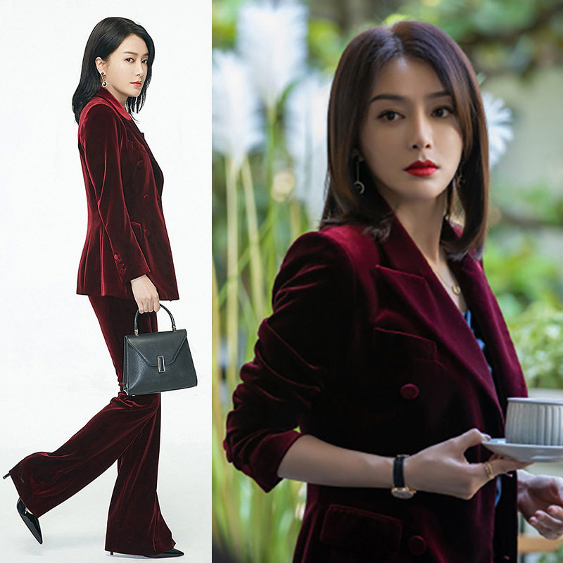 欧美名媛气质收腰时尚欧美复古丝绒休闲小众高级感西装外套长裤女