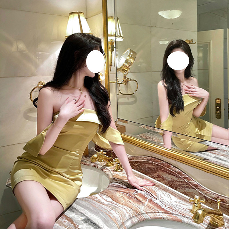 法式性感抹胸露肩背黄色礼服女轻奢小众高端级气质名媛包臀连衣裙
