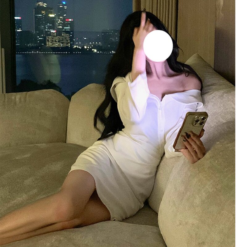 性感一字肩V领连衣裙礼服轻奢小众高端级气质名媛晚宴会收腰衬衫