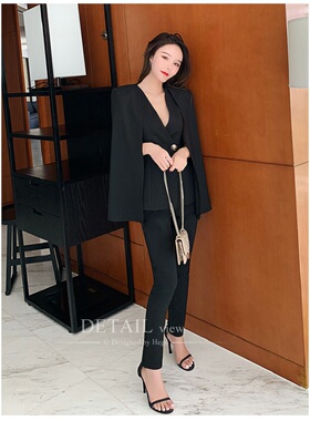 欧美炸街斗篷披肩气质名媛年会高端级感腰脚九分长裤小众西装外套