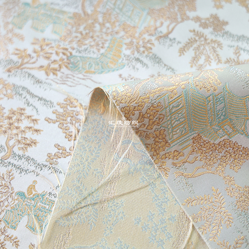 新中式国风亭台楼阁织锦缎提花