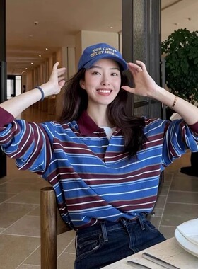 韩国设计师品牌GRVE复古宽松百搭显瘦POLO领撞色条纹长袖T恤女