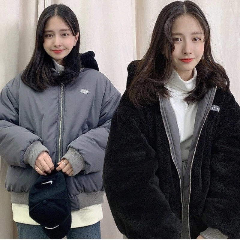 韩国代购muahmuah羊羔绒棉服连帽冬季保暖加厚女士外套双面穿百搭