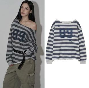 韩国代购midnightmove条纹宽松露肩长袖T恤女显瘦上衣郑伊安同款