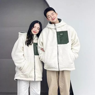 韩国代购whoau羊羔毛外套双面穿加厚棉服男女同款防风保暖棉衣冬